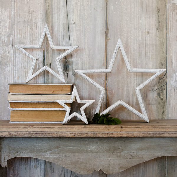 Set of 3 White Wash Wooden Stars